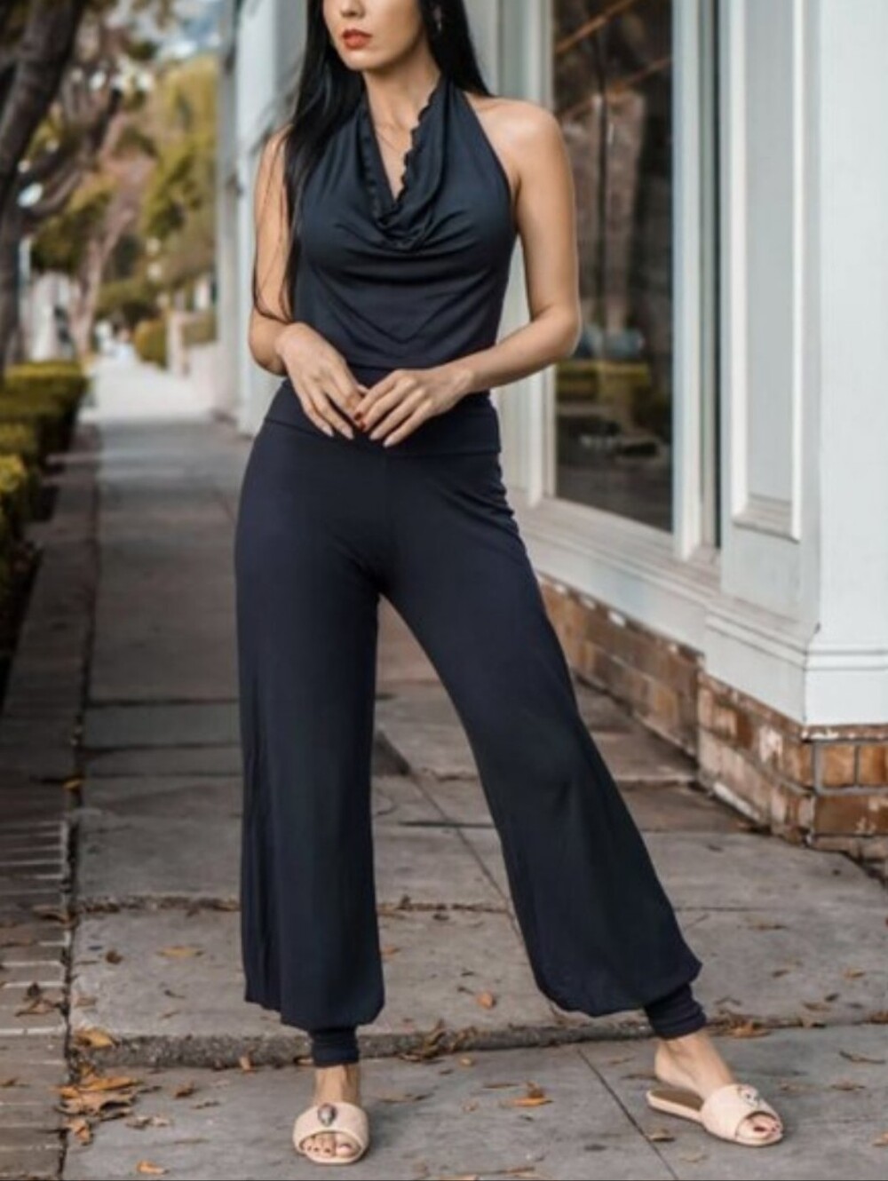 NWT Aria Lattner Jumpsuit Cowl Neck Open Back Halter Black Bamboo Cotton Small